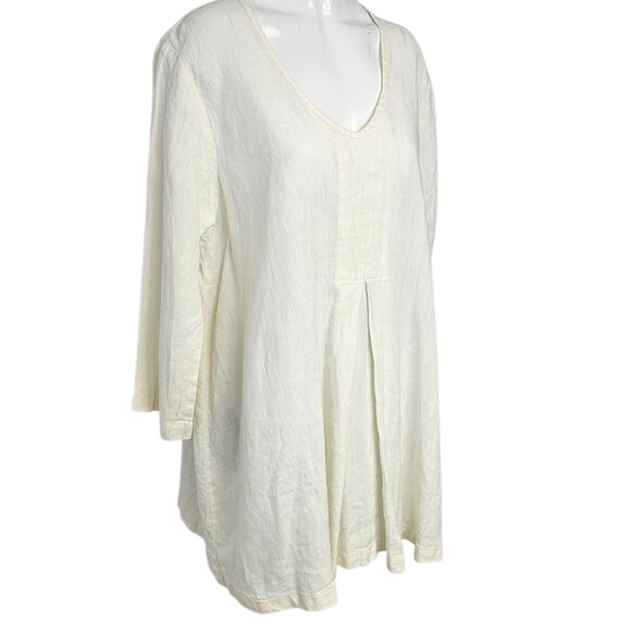 FLAX Womens 100% Linen Pleated 3/4 Sleeve Tunic Blouse, Scoop Neck, Lagenlook ,M - Picture 2 of 10